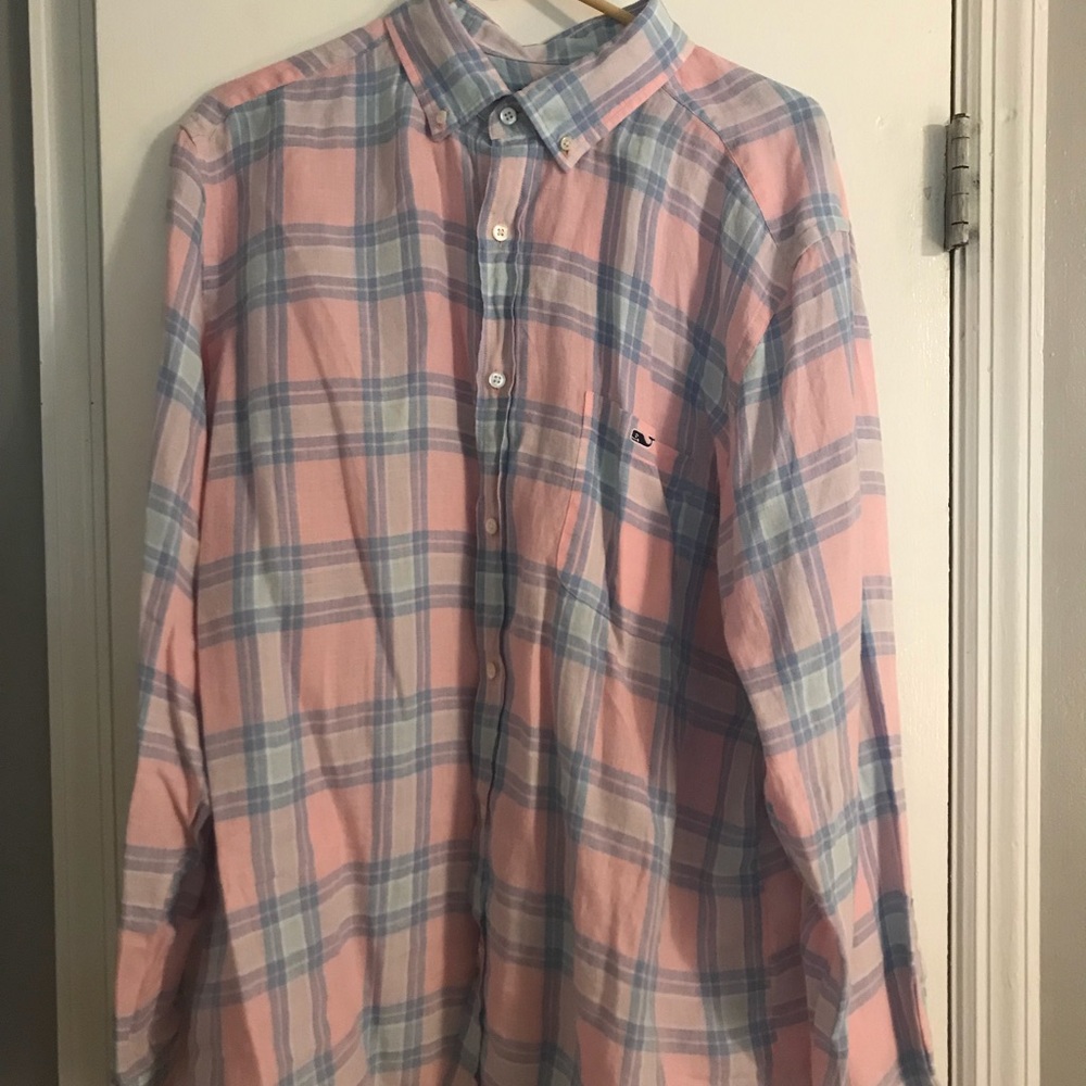 Vineyard Vines pink and blue plaid linen shirt